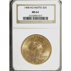 1908 $20 No Motto MS61 NGC