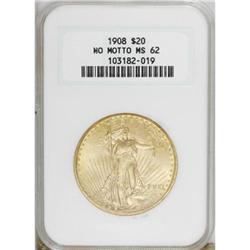 1908 $20 No Motto MS62 NGC
