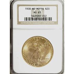 1908 $20 No Motto MS63 NGC