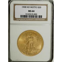 1908 $20 No Motto MS64 NGC