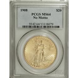 1908 $20 No Motto MS64 PCGS