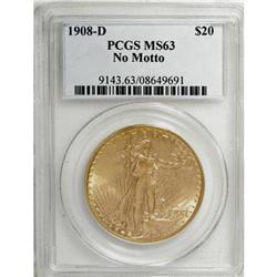 1908-D $20 No Motto MS63 PCGS