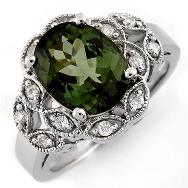 3.75 ctw Green Tourmaline & Diamond Ring 10k White Gold - REF-51W9H