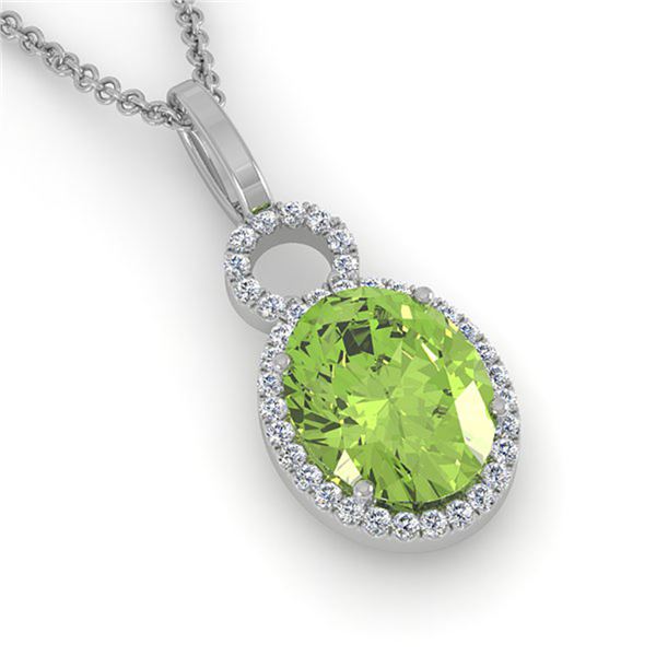 3 ctw Peridot & Micro Pave Halo VS/SI Diamond Necklace 14k White Gold - REF-41K6Y