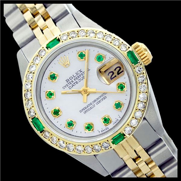 Rolex Ladies Two Tone 14K Gold/SS, Diam/Emerald Dial & Diam/Emerald Bezel, Sapphire Crystal