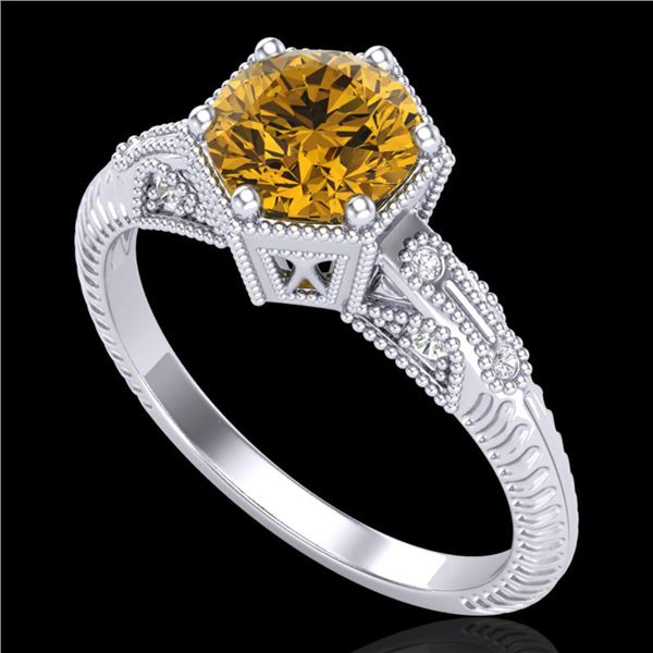 1.17 ctw Intense Fancy Yellow Diamond Art Deco Ring 18k White Gold - REF-180H2R