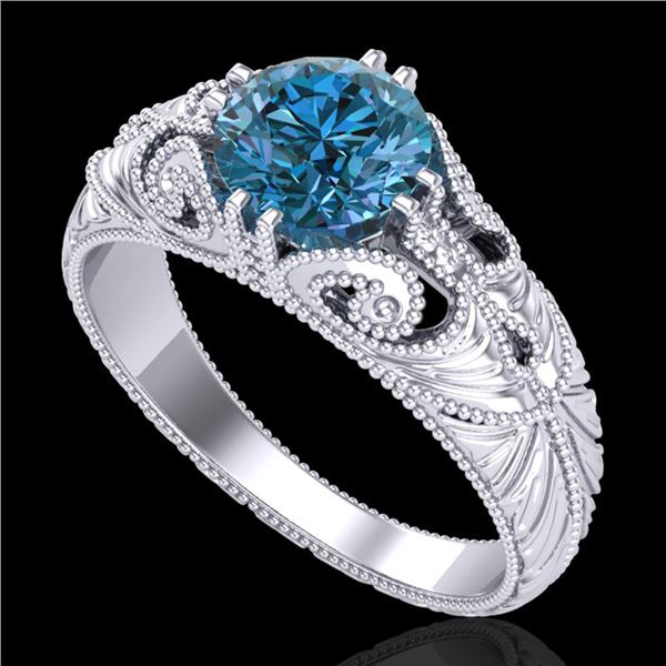 1 ctw Intense Blue Diamond Engagment Art Deco Ring 18k White Gold - REF-180A2N