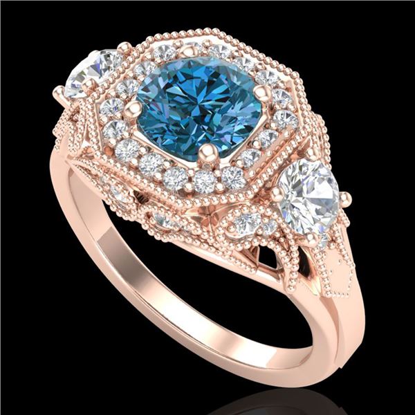 2.11 ctw Intense Blue Diamond Art Deco 3 Stone Ring 18k Rose Gold - REF-283H6R