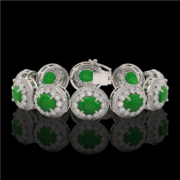 44.77 ctw Jade & Diamond Victorian Bracelet 14K White Gold - REF-1184N2F