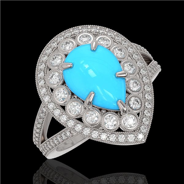 4.02 ctw Turquoise & Diamond Victorian Ring 14K White Gold - REF-123F6M