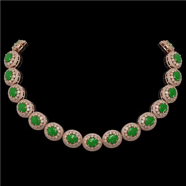 101.75 ctw Jade & Diamond Victorian Necklace 14K Rose Gold - REF-2594X5A