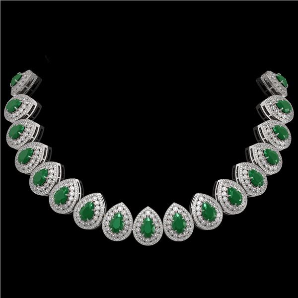 121.42 ctw Emerald & Diamond Victorian Necklace 14K White Gold - REF-3909F3M