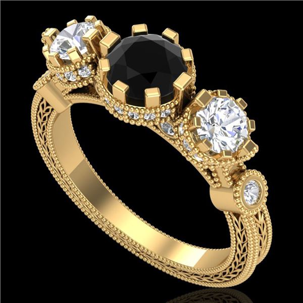 1.75 ctw Fancy Black Diamond Art Deco 3 Stone Ring 18k Yellow Gold - REF-153Y6X