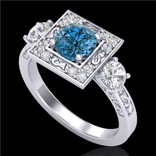 1.55 ctw Intense Blue Diamond Art Deco 3 Stone Ring 18k White Gold - REF-178R2K