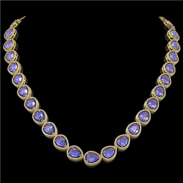 44.8 ctw Tanzanite & Diamond Micro Pave Halo Necklace 10k Yellow Gold - REF-1134M9G