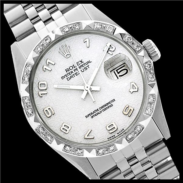 Rolex Men's Stainless Steel, QuickSet, Arabic Dial with Pyrimid Diam Bezel