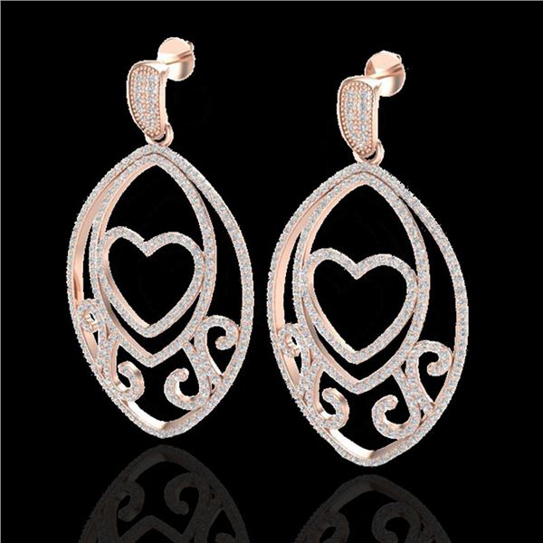 3.20 ctw Micro Pave VS/SI Diamond Heart Earrings 14k Rose Gold - REF-230H3R