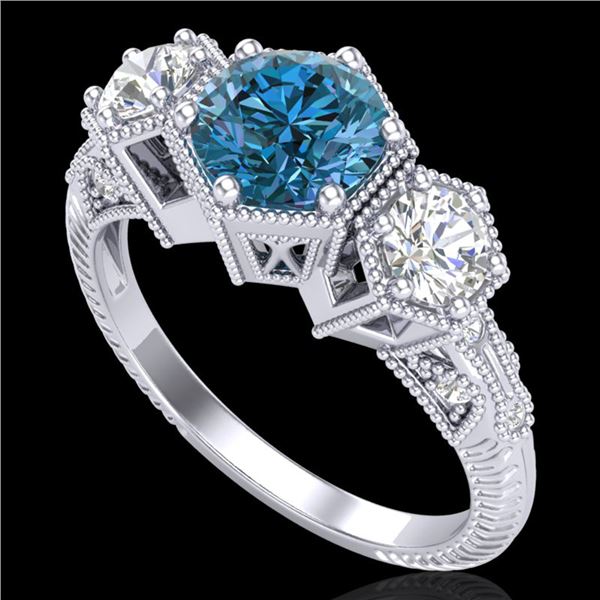 1.66 ctw Intense Blue Diamond Art Deco 3 Stone Ring 18k White Gold - REF-254F5M