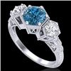 1.66 ctw Intense Blue Diamond Art Deco 3 Stone Ring 18k White Gold - REF-254F5M