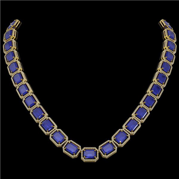 84.94 ctw Sapphire & Diamond Micro Pave Halo Necklace 10k Yellow Gold - REF-859R5K