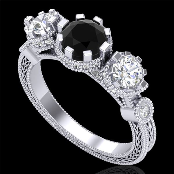 1.75 ctw Fancy Black Diamond Art Deco 3 Stone Ring 18k White Gold - REF-153W6H