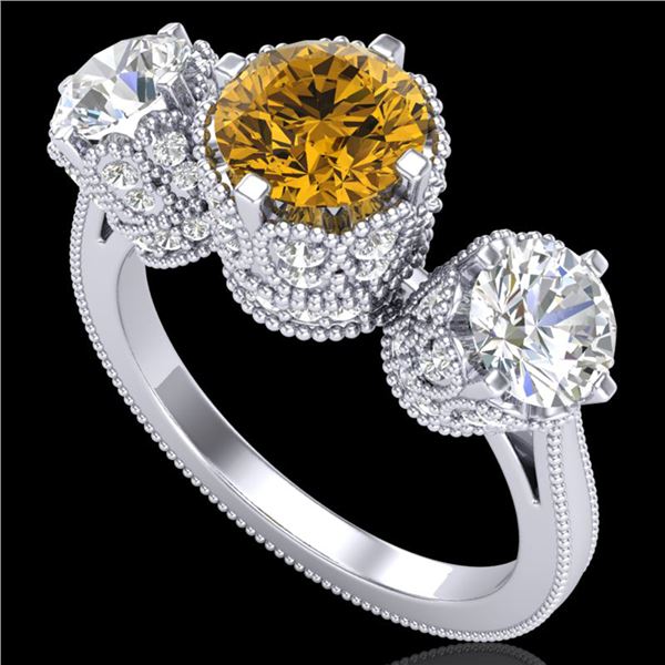 3.06 ctw Intense Fancy Yellow Diamond Art Deco Ring 18k White Gold - REF-390H9R