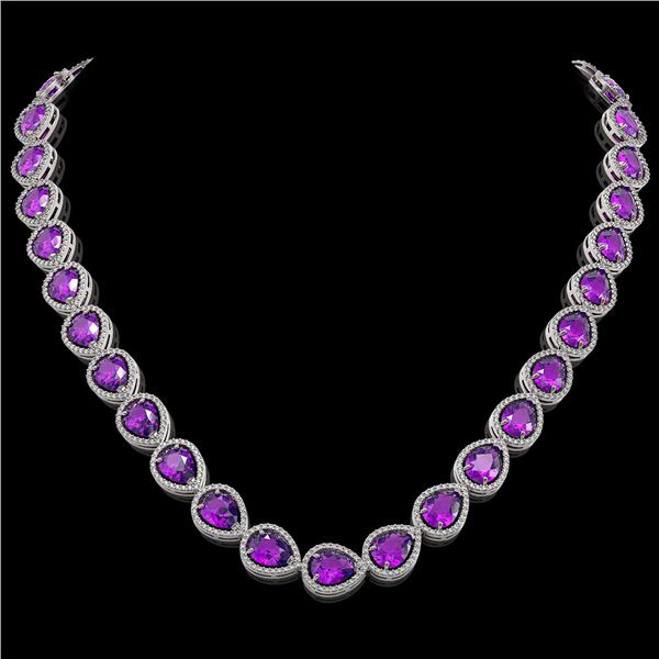 43.2 ctw Amethyst & Diamond Micro Pave Halo Necklace 10k White Gold - REF-603G3W