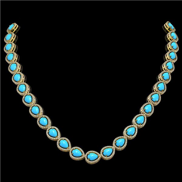29.73 ctw Turquoise & Diamond Micro Pave Halo Necklace 10k Yellow Gold - REF-588H5R
