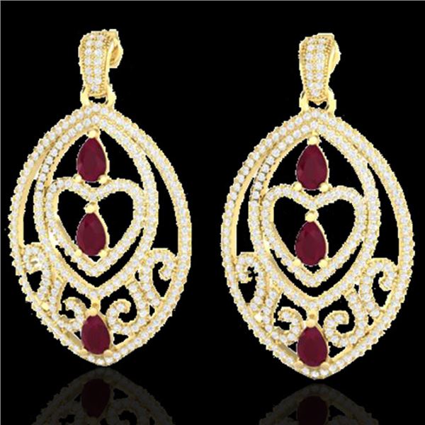 7 ctw Ruby & Micro Pave VS/SI Diamond Heart Earrings 18k Yellow Gold - REF-418Y2X