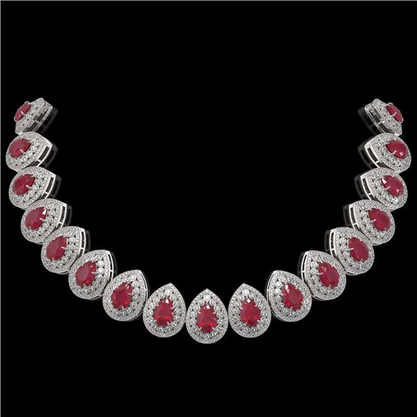 121.42 ctw Certified Ruby & Diamond Victorian Necklace 14K White Gold - REF-3416W5H