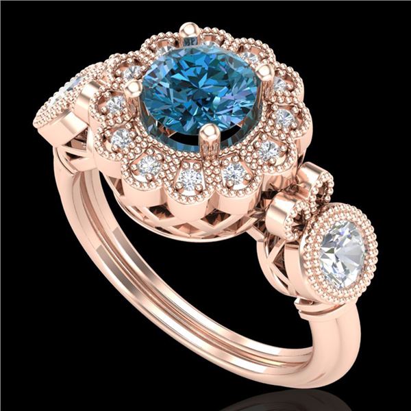 1.5 ctw Intense Blue Diamond Art Deco 3 Stone Ring 18k Rose Gold - REF-218R2K