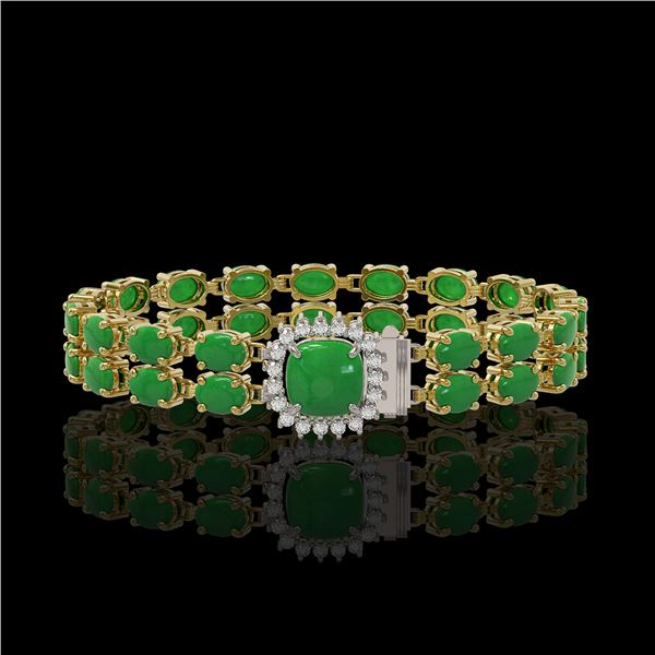 12.93 ctw Jade & Diamond Bracelet 14K Yellow Gold - REF-245H5R