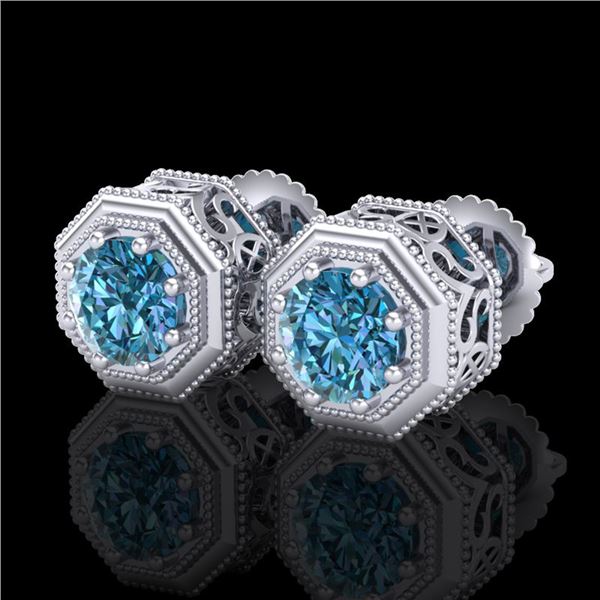1.07 ctw Fancy Intense Blue Diamond Art Deco Earrings 18k White Gold - REF-118M2G