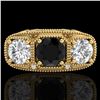 Image 2 : 2.51 ctw Fancy Black Diamond Art Deco 3 Stone Ring 18k Yellow Gold - REF-309A3N