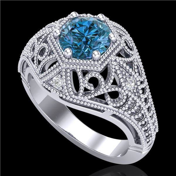 1.07 ctw Fancy Intense Blue Diamond Art Deco Ring 18k White Gold - REF-218R2K