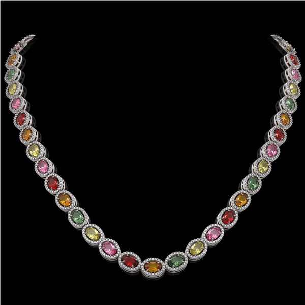 31.96 ctw Multi Color Sapphire & Diamond Micro Pave Necklace 10k White Gold - REF-674K4Y