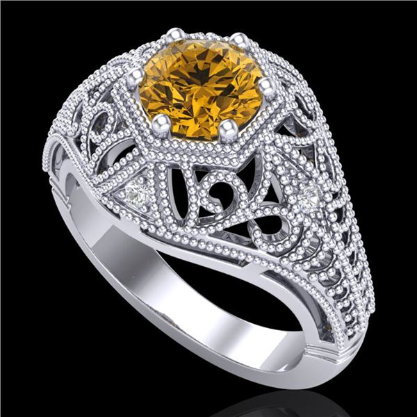 1.07 ctw Intense Fancy Yellow Diamond Art Deco Ring 18k White Gold - REF-254Y5X