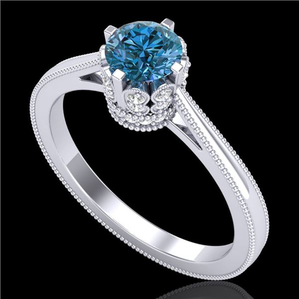 0.81 ctw Fancy Intense Blue Diamond Art Deco Ring 18k White Gold - REF-103W6H