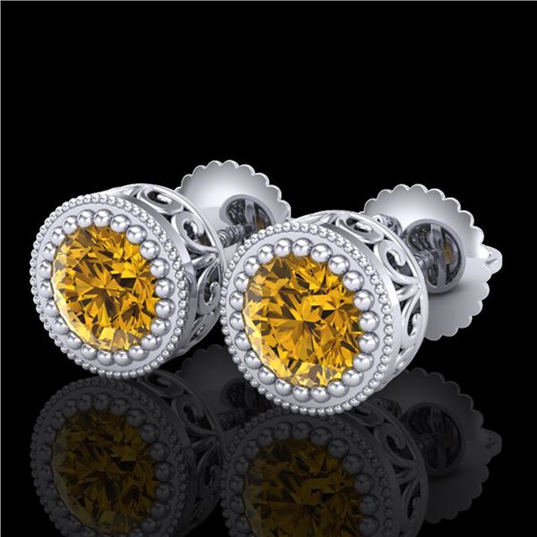 1.09 ctw Intense Fancy Yellow Diamond Art Deco Earrings 18k White Gold - REF-163M6G
