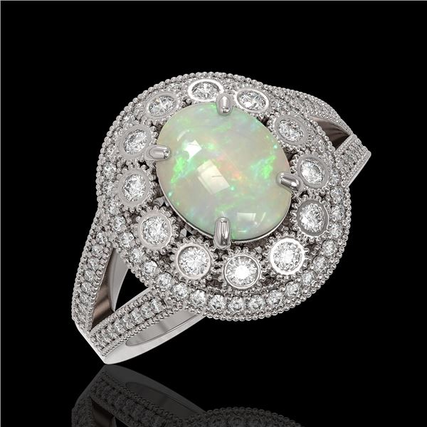 3.93 ctw Certified Opal & Diamond Victorian Ring 14K White Gold - REF-149W3H