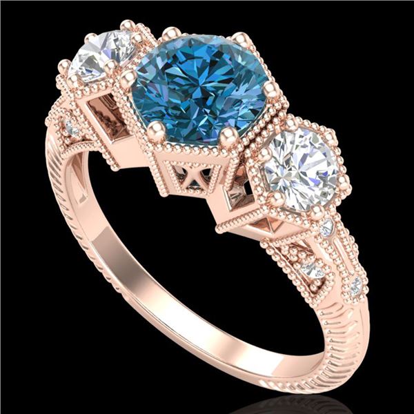 1.66 ctw Intense Blue Diamond Art Deco 3 Stone Ring 18k Rose Gold - REF-254G5W