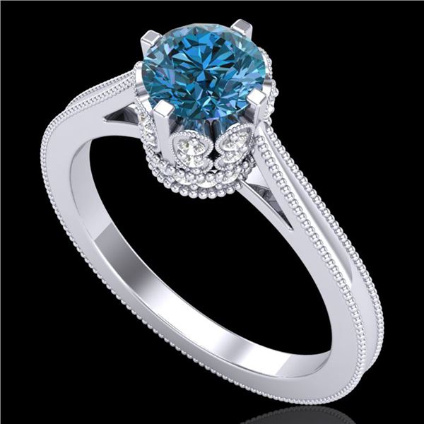 1.14 ctw Fancy Intense Blue Diamond Art Deco Ring 18k White Gold - REF-156W4H