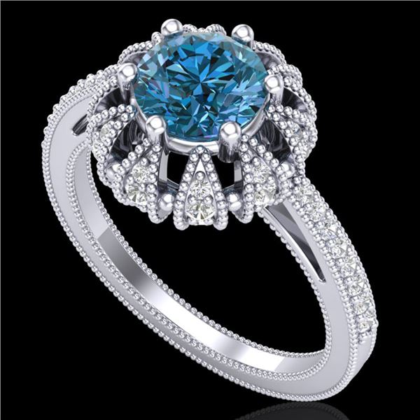 1.65 ctw Fancy Intense Blue Diamond Art Deco Ring 18k White Gold - REF-230Y9X