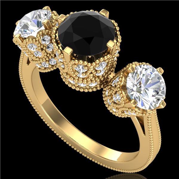 3.06 ctw Fancy Black Diamond Art Deco 3 Stone Ring 18k Yellow Gold - REF-294K9Y