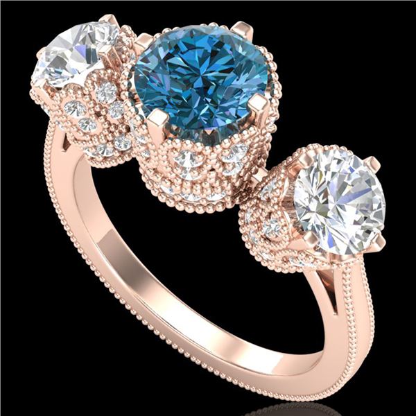 3.06 ctw Fancy Intense Blue Diamond Art Deco Ring 18k Rose Gold - REF-390G9W