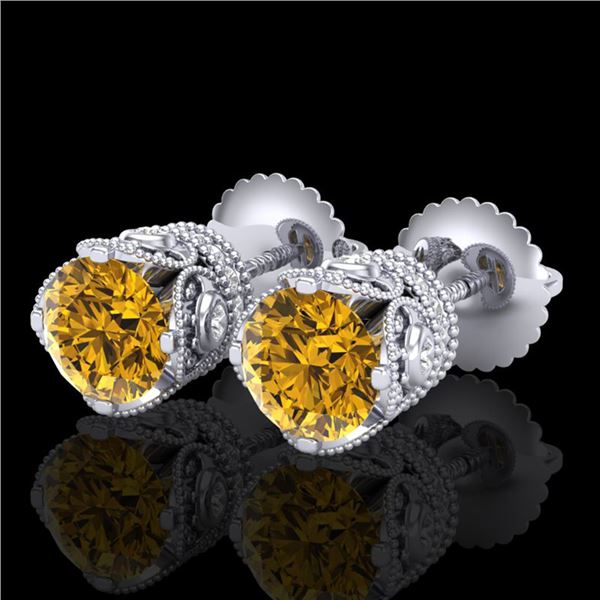 1.85 ctw Intense Fancy Yellow Diamond Art Deco Earrings 18k White Gold - REF-318X2A