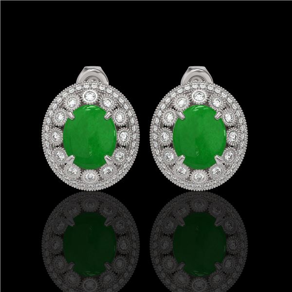 10.61 ctw Jade & Diamond Victorian Earrings 14K White Gold - REF-269H3R