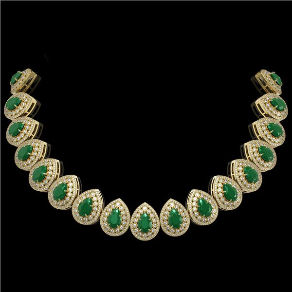 121.42 ctw Emerald & Diamond Victorian Necklace 14K Yellow Gold - REF-3909H3R