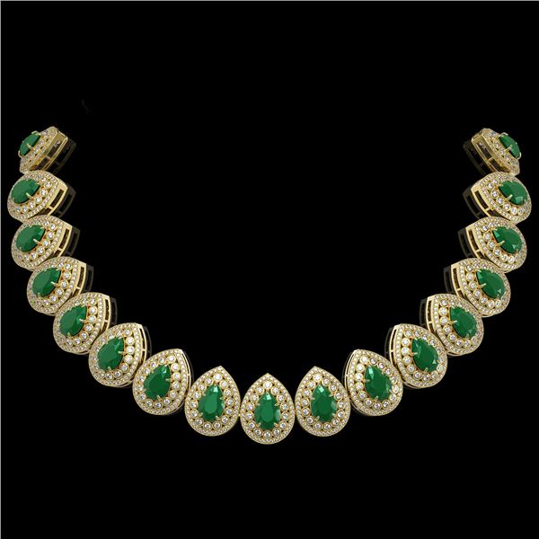 121.42 ctw Emerald & Diamond Victorian Necklace 14K Yellow Gold - REF-3909H3R