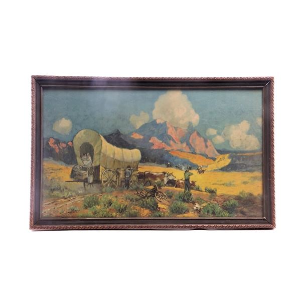 Framed Covered Wagon Lithograph 1928